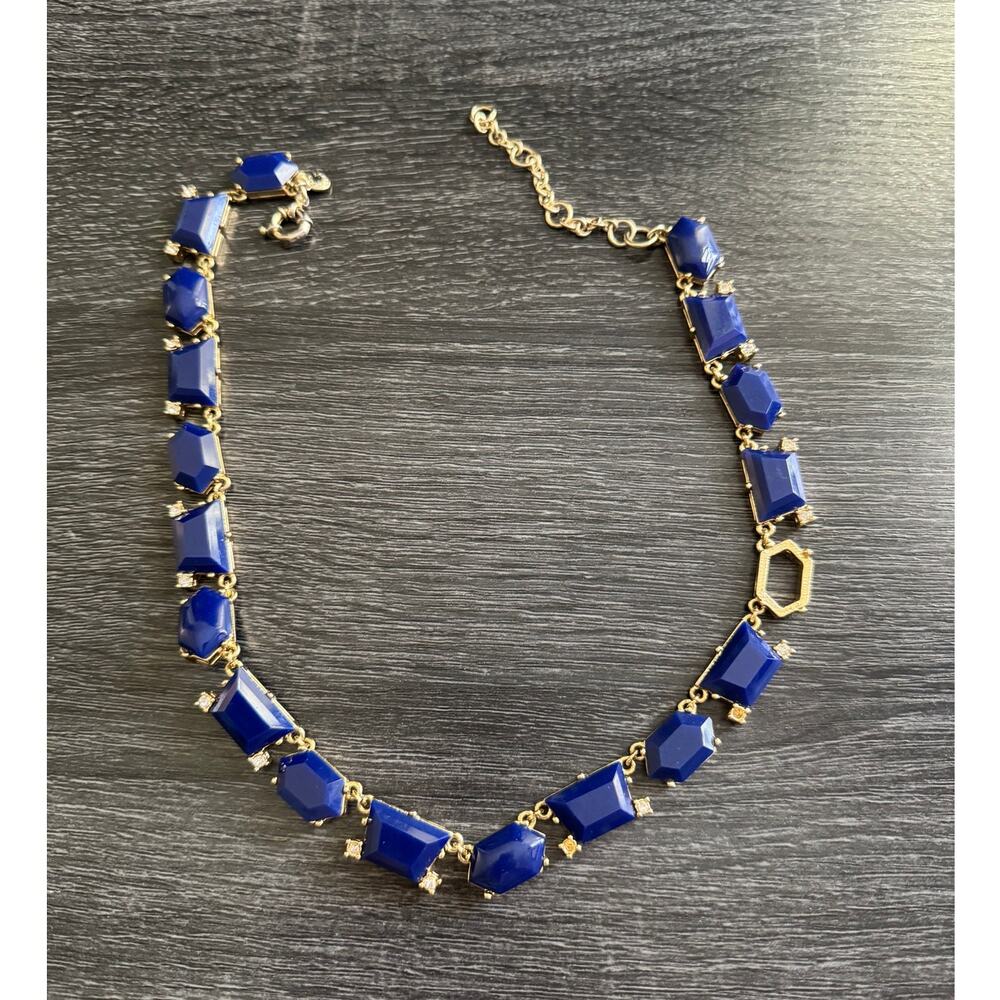 J Crew Blue‎ And Gold Tone Statement Necklace With Rhinestones - Picture 4 of 5